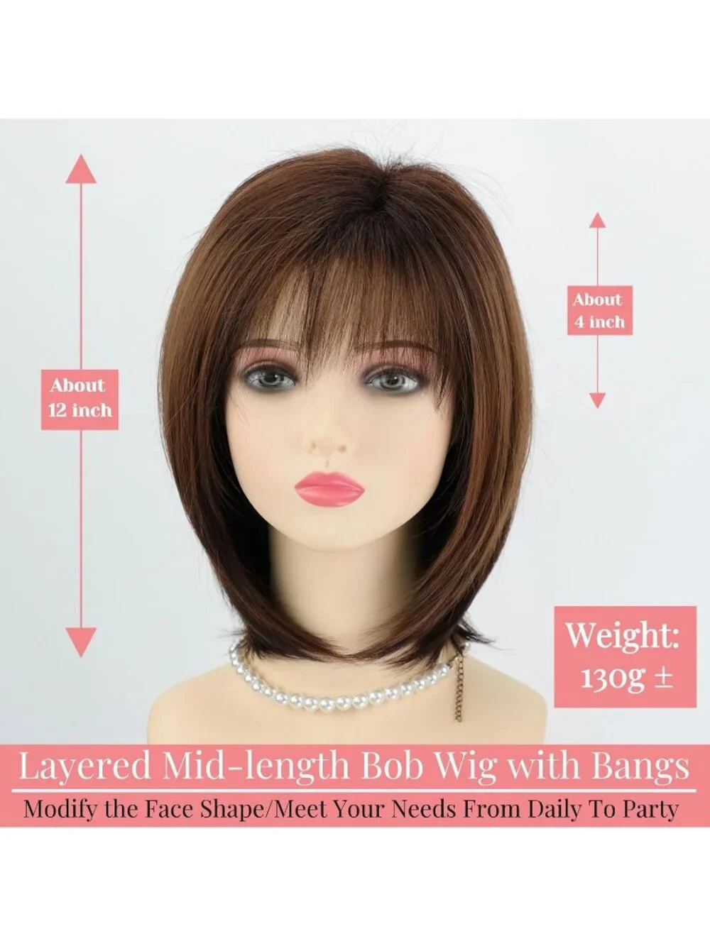 Women's Omber Brown 12 Inch Mid Length Heat Synthetic Straight Layered Bob Wigs